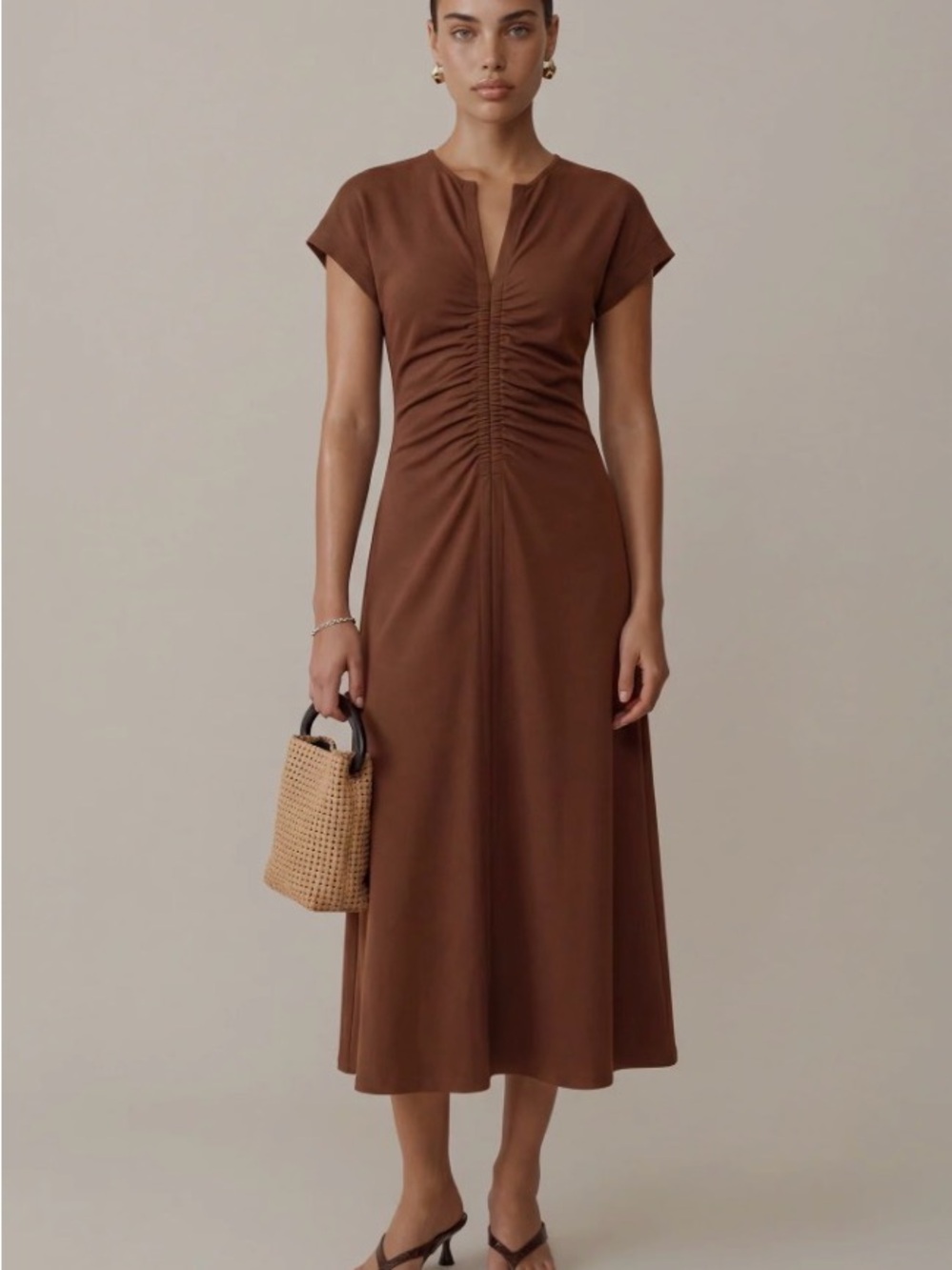 Elegant Brown Ruched Midi Dress